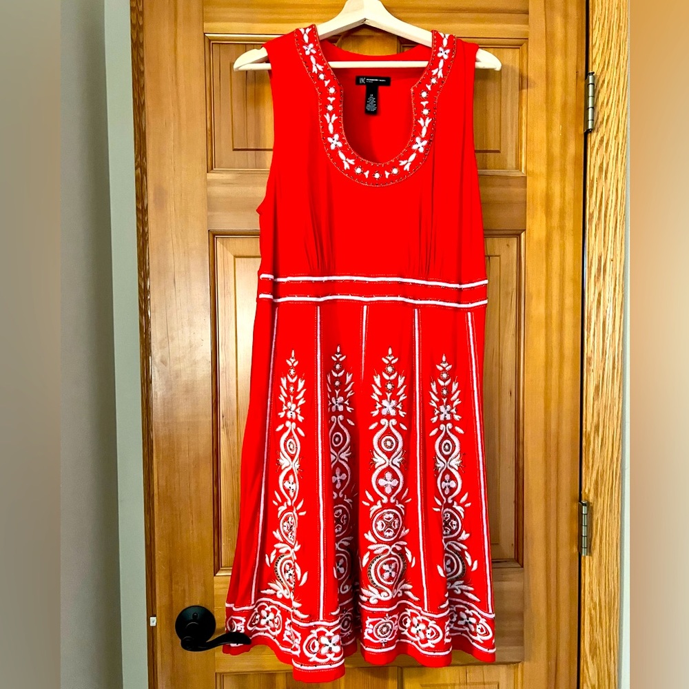 INC International Concepts dress, size 1X. Reddish orange w/ white and silver
